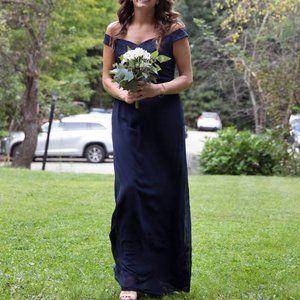 LuLu's Dress to Impress Navy Blue Lace Off-the-Shoulder Maxi Dress (Size L)